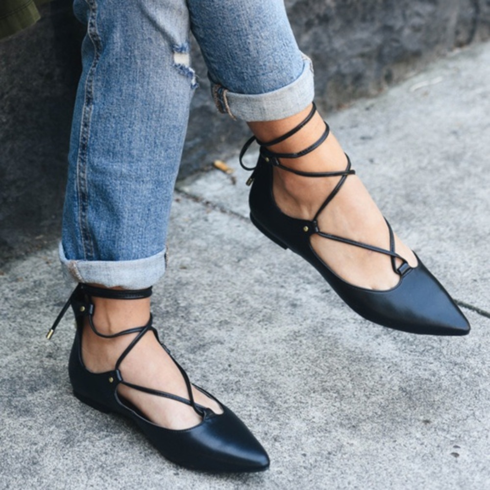 Black Faux Leather Strappy Flats